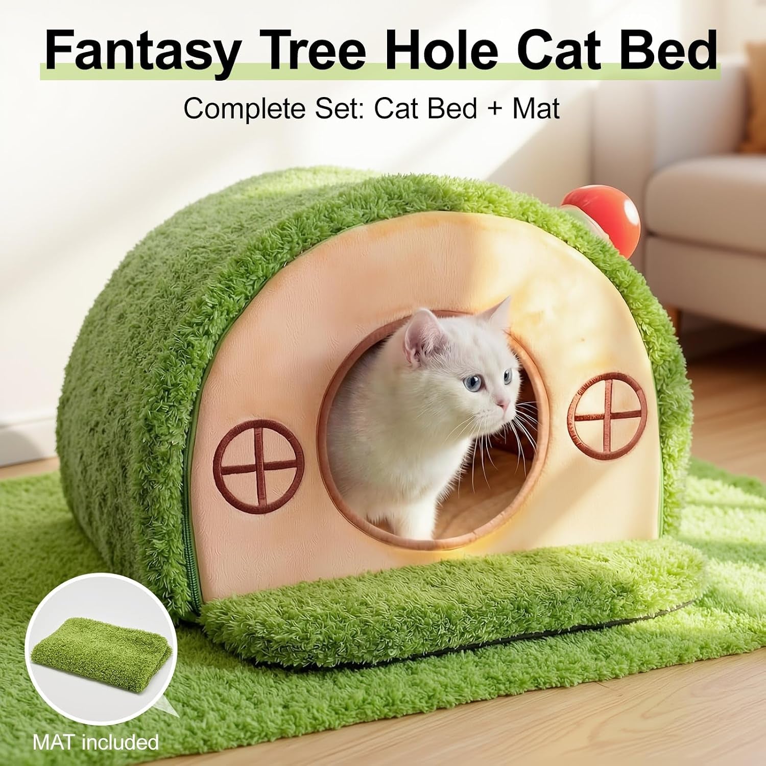 Cat House for Indoor Cats - Tree Hole Cat Bed Cave Hideaway | Enclosed Calming Shelter for Small Medium Pets, Removable & Washable Cushioned Pillow, Cute Kitten Bed with Anti-Slip Base