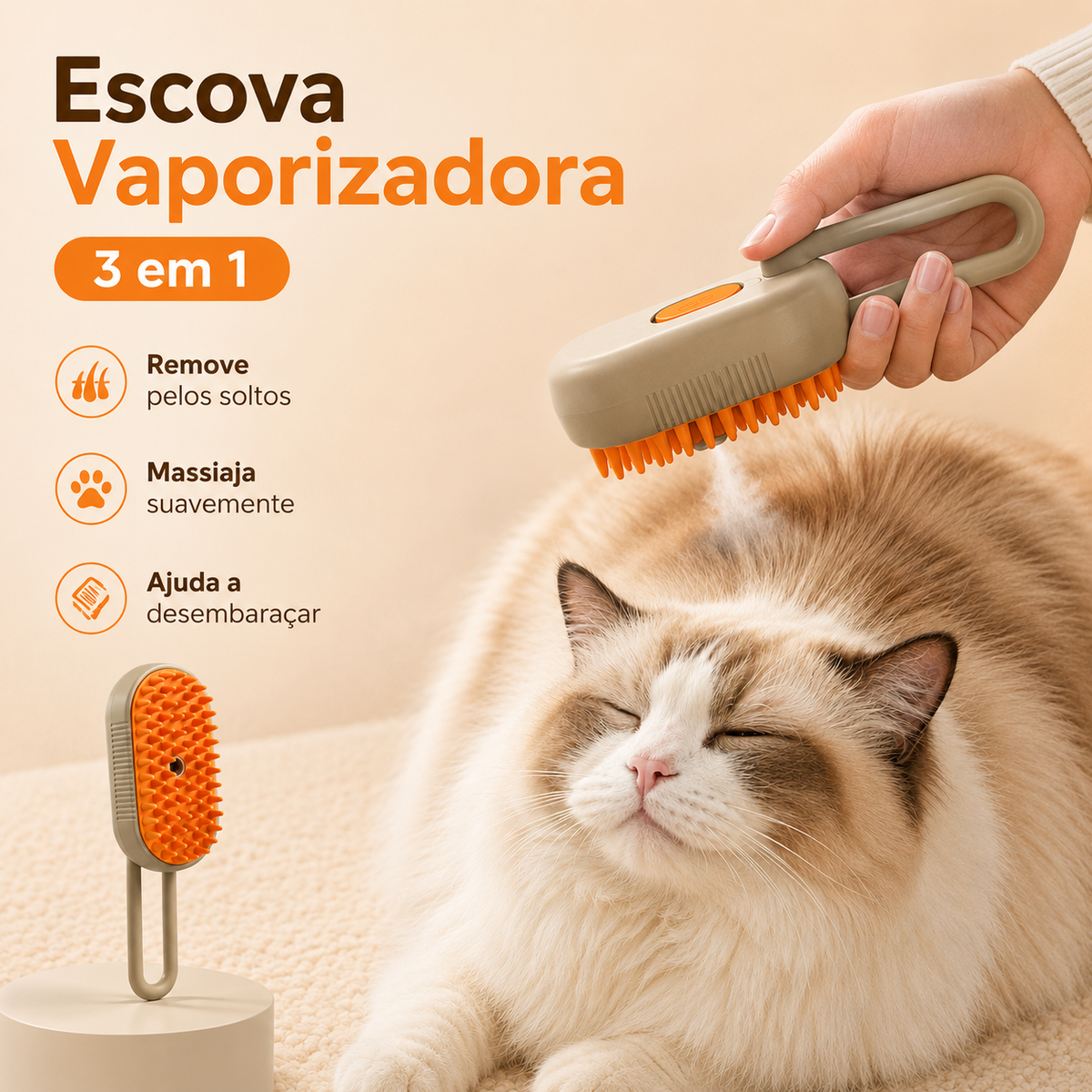 Escova Vaporizadora 3 em 1 para Cães e Gatos